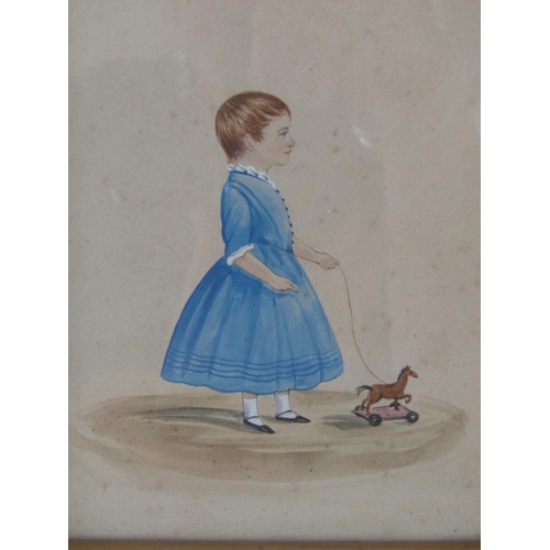 1133 - Primitive miniature portrait of a young girl in profile with a hobby horse, pencil and watercolour o... 