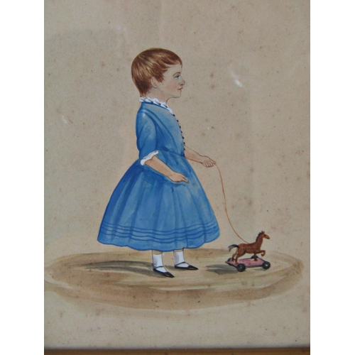 1133 - Primitive miniature portrait of a young girl in profile with a hobby horse, pencil and watercolour o... 