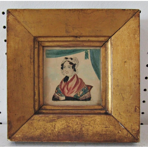 1134 - Primitive miniature portrait of a lady wearing a bonnet and shawl with curtains in background, water... 