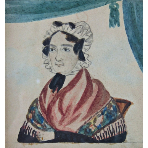 1134 - Primitive miniature portrait of a lady wearing a bonnet and shawl with curtains in background, water... 