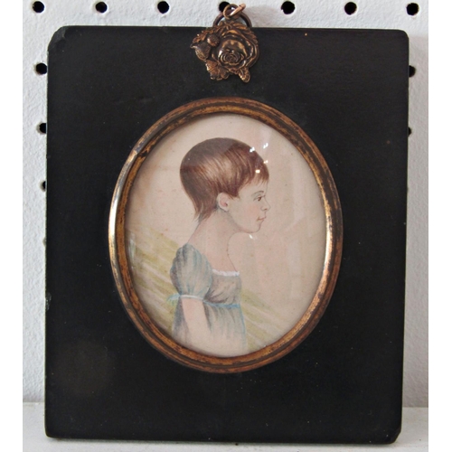 1135 - Primitive miniature portrait of a young girl in profile, watercolour and pencil on card, approx. 6 x... 