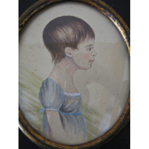 1135 - Primitive miniature portrait of a young girl in profile, watercolour and pencil on card, approx. 6 x... 