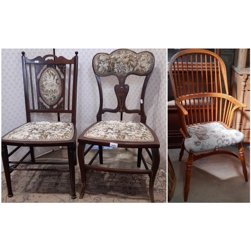 3088 - An Edwardian bedroom chair with inlaid supports, upholstered seat and back and a further bedroom cha... 