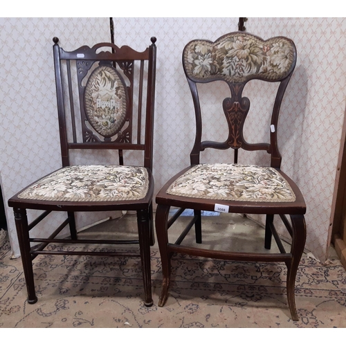 3088 - An Edwardian bedroom chair with inlaid supports, upholstered seat and back and a further bedroom cha... 