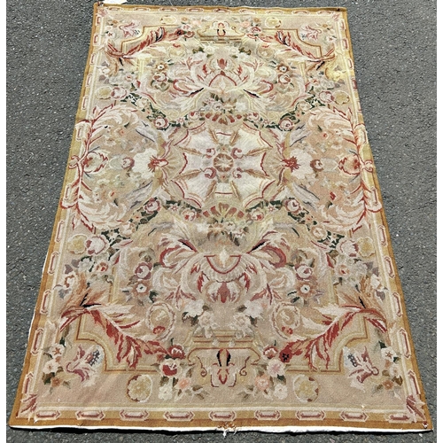 2683 - Two Aubusson style wall hangings, one with an all over rose pattern on a fawn ground, the  other, wi... 