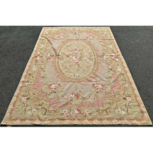 2691 - An Aubusson style tapestry wall hanging with a floral medallion and an all over pink rose pattern, 2... 