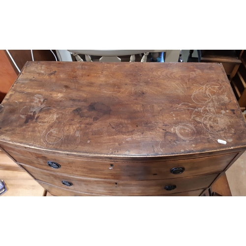 3098 - Small Regency mahogany bow fronted chest of three drawers, 91 cm wide