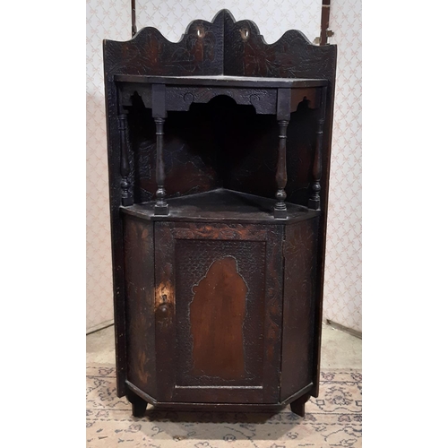 3119 - 19th century poker work hanging corner cupboard with floral detail, partially enclosed by a panelled... 