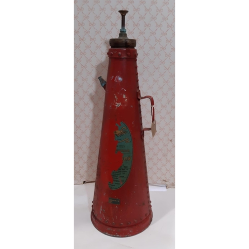 3133 - A vintage fire extinguisher of cylindrical tapering conical form with brass fittings, together with ... 