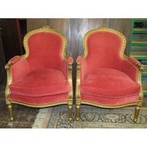 3518 - A pair of late 19th century French salon chairs, with carved and moulded show wood frames, acanthus ... 