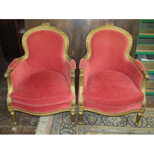 3518 - A pair of late 19th century French salon chairs, with carved and moulded show wood frames, acanthus ... 