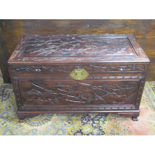 3521 - A good quality Chinese camphor lined hard wood coffer with finish and hawthorn bough repeating detai... 