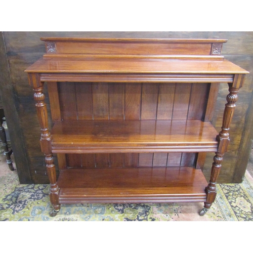 3526 - Victorian mahogany three tier buffet of narrow proportions on turned and fluted supports, 112cm wide... 