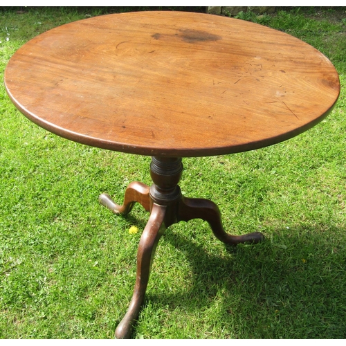 3556 - A Georgian mahogany snaptop table, the circular top 77cm diameter, raised on a tapering column and t... 