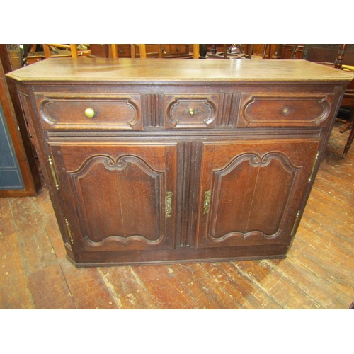 3564 - 18th century oak side cupboard enclosed by a pair of carved and moulded doors, with three frieze dra... 