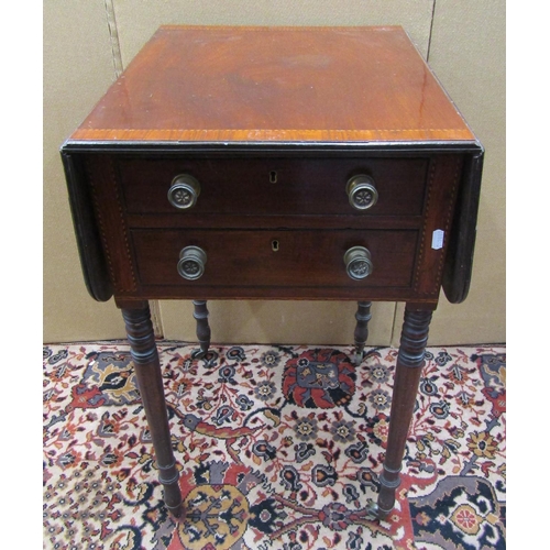 3604 - A Georgian mahogany ladies drop leaf sewing/work table with crossbanded and string inlaid detail ove... 