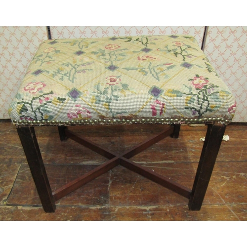 3629 - A simple stool with x shaped stretcher and hand worked tapestry top