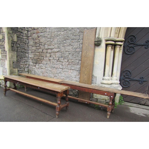 3635 - A 19th century oak bench/form raised on six turned supports, 270 cm length and a further matching ex... 