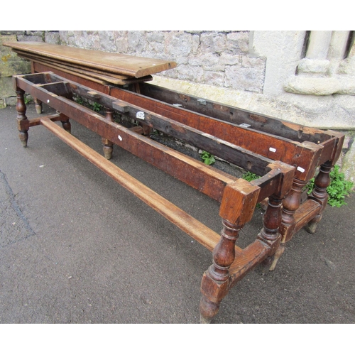 3635 - A 19th century oak bench/form raised on six turned supports, 270 cm length and a further matching ex... 