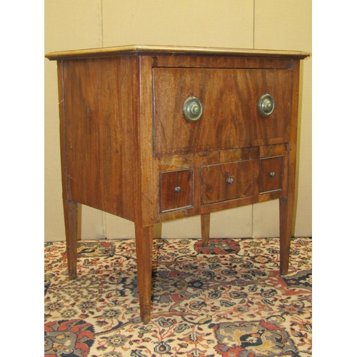 3520 - A small 19th century mahogany side cupboard enclosed by a single deep and three shallow drawers, on ... 