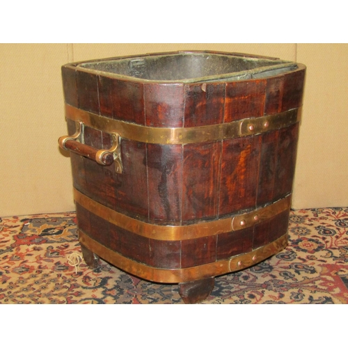 3532 - 19th century oak coal or log bucket, zinc lined, with brass banded borders and handle