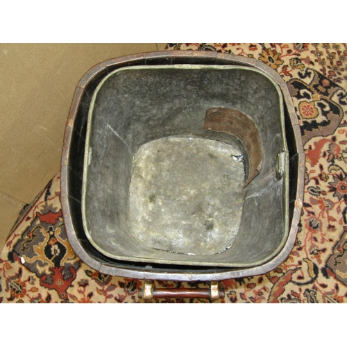 3532 - 19th century oak coal or log bucket, zinc lined, with brass banded borders and handle