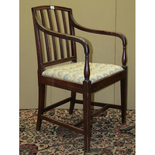 3607 - A Georgian mahogany stick back elbow chair with upholstered seat on square taper legs