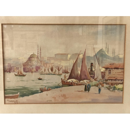 32 - Ro Cherif (20th Century) - Istanbul Harbour, watercolour and pencil on paper, signed lower left, 26.... 