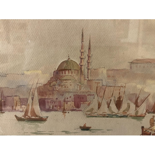 32 - Ro Cherif (20th Century) - Istanbul Harbour, watercolour and pencil on paper, signed lower left, 26.... 