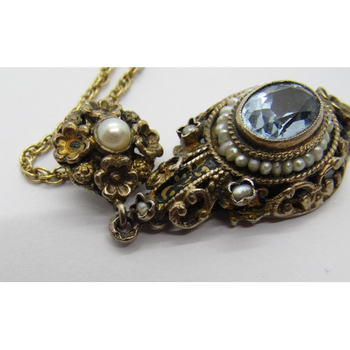 1238 - Holbeinesque silver gilt blue spinel pendant with enamel and see pearl detail, hung from a 9ct chain... 