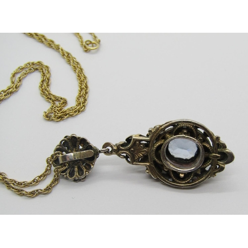 1238 - Holbeinesque silver gilt blue spinel pendant with enamel and see pearl detail, hung from a 9ct chain... 