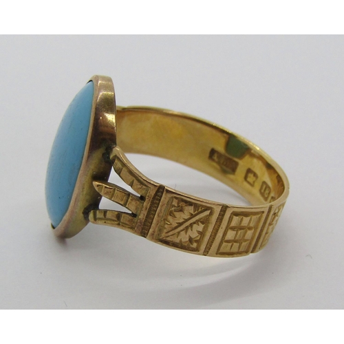 1247 - Victorian 18ct turquoise ring with decorative shank, maker Abraham Meyer Blanckensee, Chester 1883, ... 