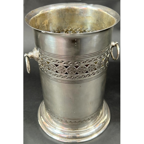 1192 - A silver wine cooler with filigree detail and ring handles, Sheffield 1922, makers Roberts & Belk li... 