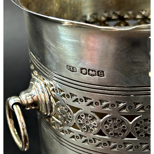 1192 - A silver wine cooler with filigree detail and ring handles, Sheffield 1922, makers Roberts & Belk li... 