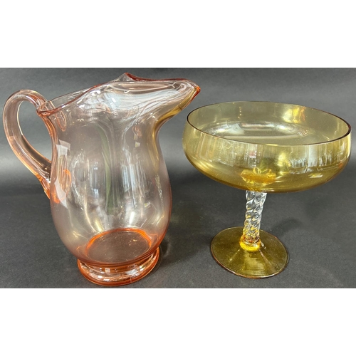 1138 - A lemonade set, circa 1950’s, a single pale pink jug and six multi coloured tumblers, together with ... 