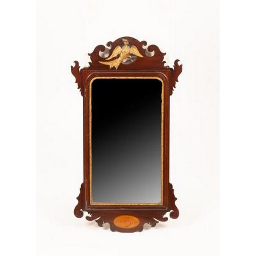 2736 - A George III style fret carved wall mirror, with a Ho-Ho bird to the crest, 50.5cm wide, 91cm high