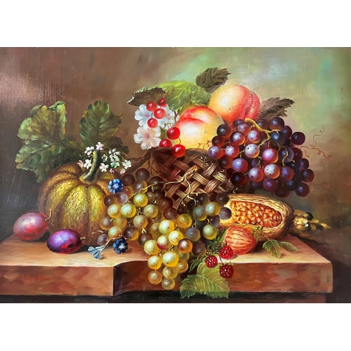 1 - 20th Century Still Life with Fruit and Foliage, oil on board, indistinctly signed lower left, 30 x 4... 