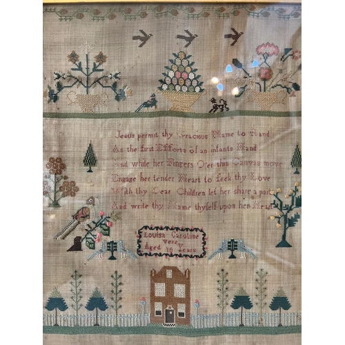 11 - 19th Century Needlework Tapestry Sampler by Louisa Caroline, Aged 10, depicting animals, a house and... 