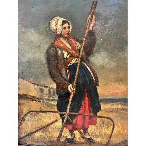 20 - Woman with a Rake (19th Century School), oil on board, unsigned, 23.2 x 18 cm, gilt framed