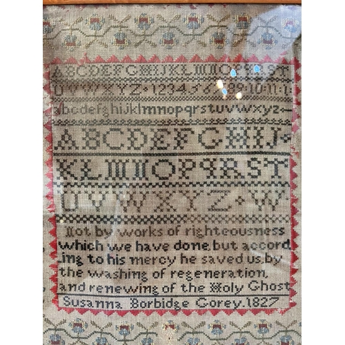 12 - 19th Century Needlework Tapestry Sampler by Susanna Borbidge Gorey, dated 1827, bearing alphabet abo... 