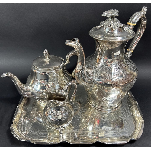 1170 - A five piece tea and coffee service, with tea and coffee pot sugar bowl milk jug and matching tray, ... 