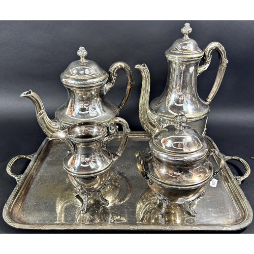 1170 - A five piece tea and coffee service, with tea and coffee pot sugar bowl milk jug and matching tray, ... 