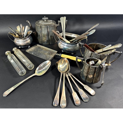 1171 - A mixed selection of silver plate, including a three piece tea service, six serving spoons, loose te... 