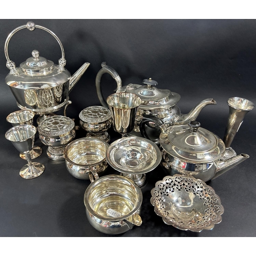 1172 - A Georgian Style three piece silver plated tea service, a silver plated kettle on burner, various di... 