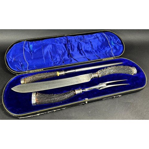 1176 - A good quality silver mounted ( Sheffield 1914 William Yates) carving set with antler handles, Made ... 