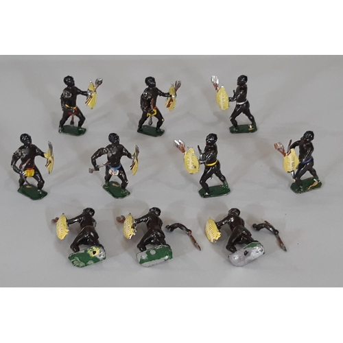 283 - 10 cast lead figures of Zulu warriors by Hanks Sutton circa 1929, each with moveable right arm (2 de... 