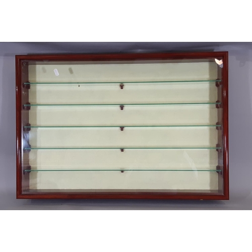 291 - Good quality wall mounted display case for miniatures/ models, in mahogany style with glass shelves.... 