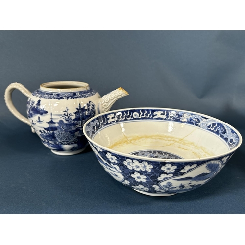 1041 - A Chinese Blue and White Porcelain Bowl and Teapot to Include: Early 20th century bowl with four cha... 