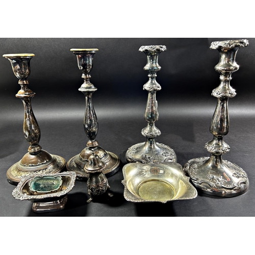 1177 - Two pairs of Georgian style silver plated candlesticks, a pair of dishes, two salt cauldrons and a p... 