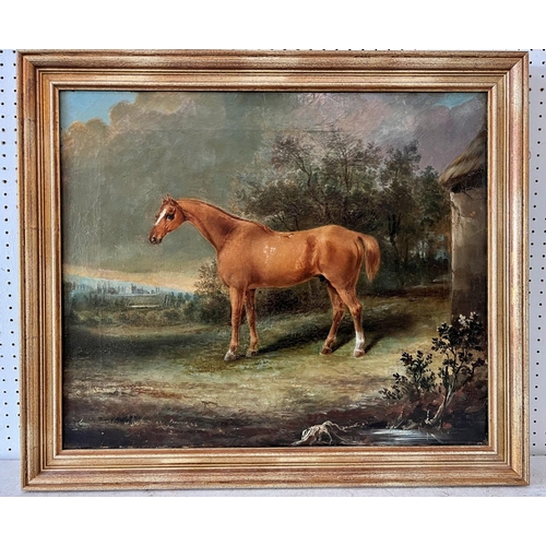 86 - English School, 19th - 20th Century - Horse in Landscape with House in the Distance, oil on canvas, ... 